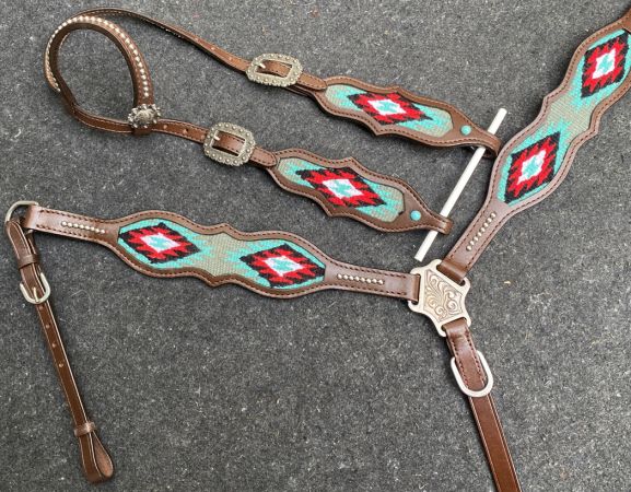 Showman Browband Headstall &amp; Breast collar set with wool southwest blanket inlay #2